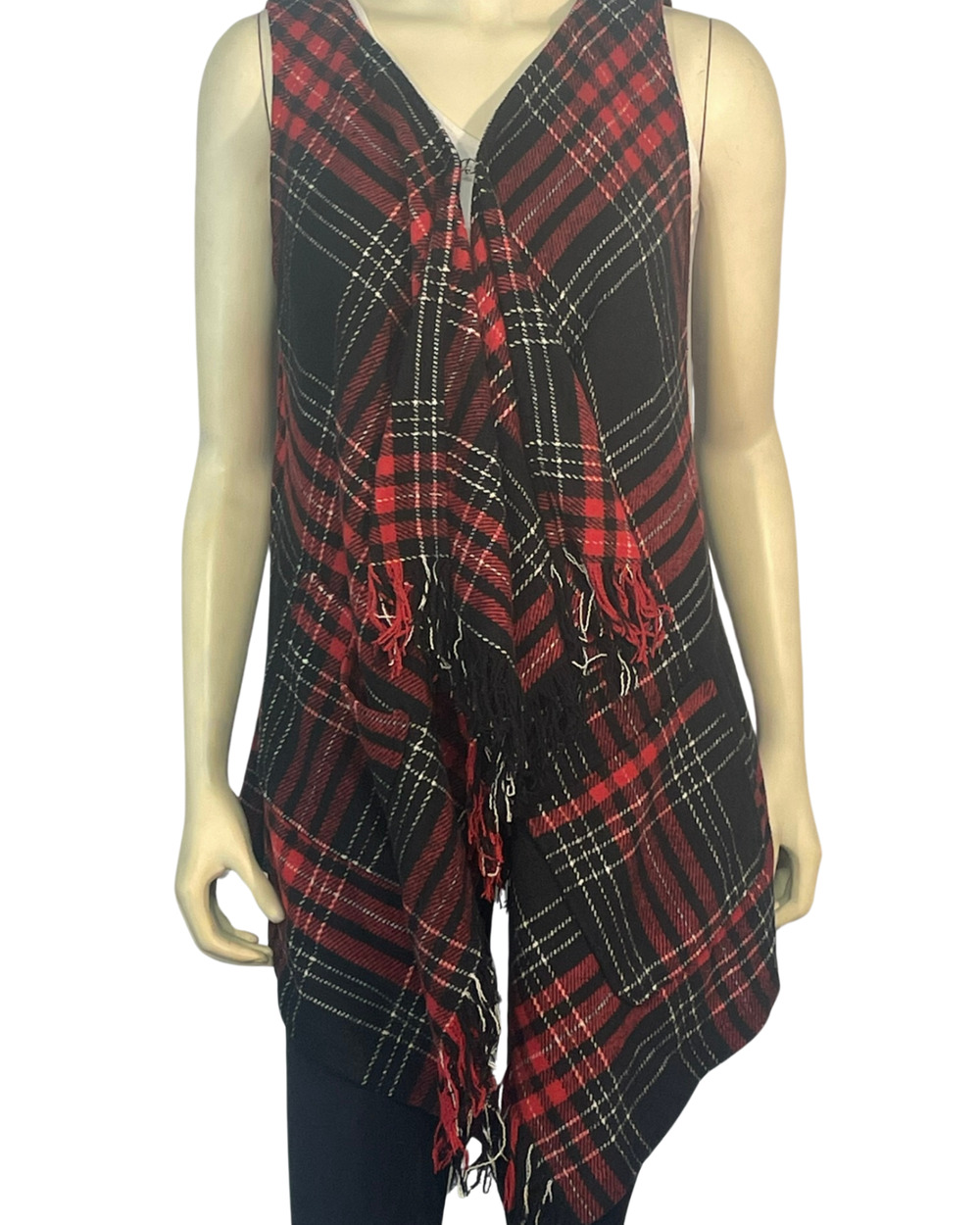 Democracy Sz M Draped Front Blanket Vest Cardigan Red Tartan Plaid Fringed Ends
